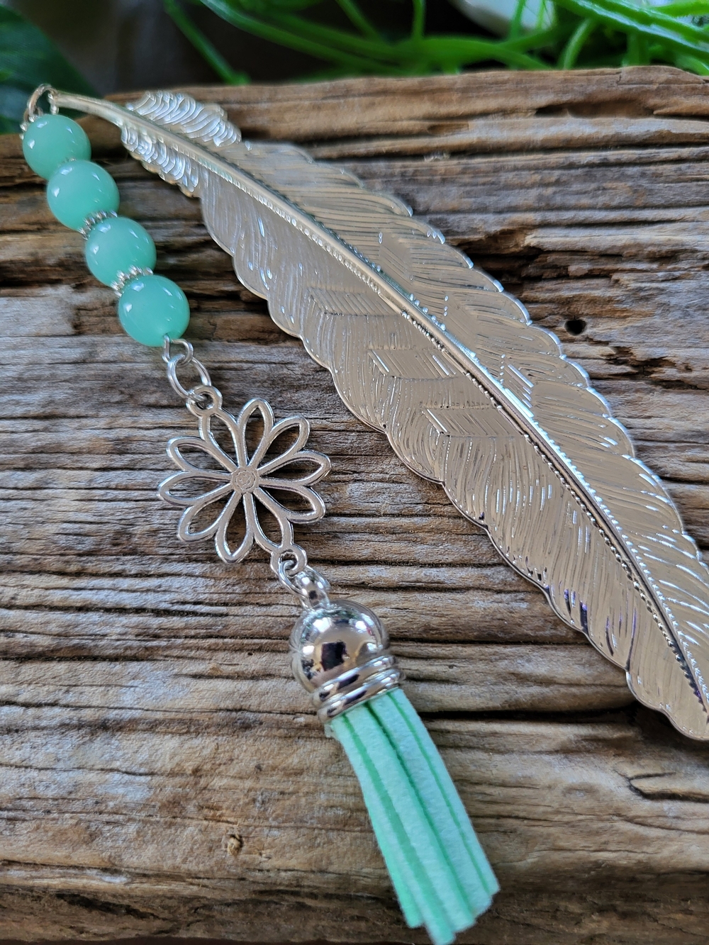 Silver Feather Bookmark with Green Beads and Tassel